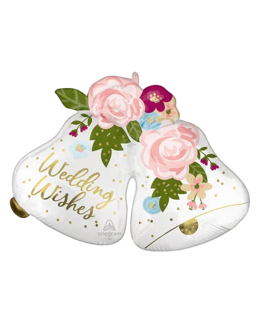 Decorative balloon shaped like a wedding cake with floral designs and 'Wedding Wishes' text on a white background.