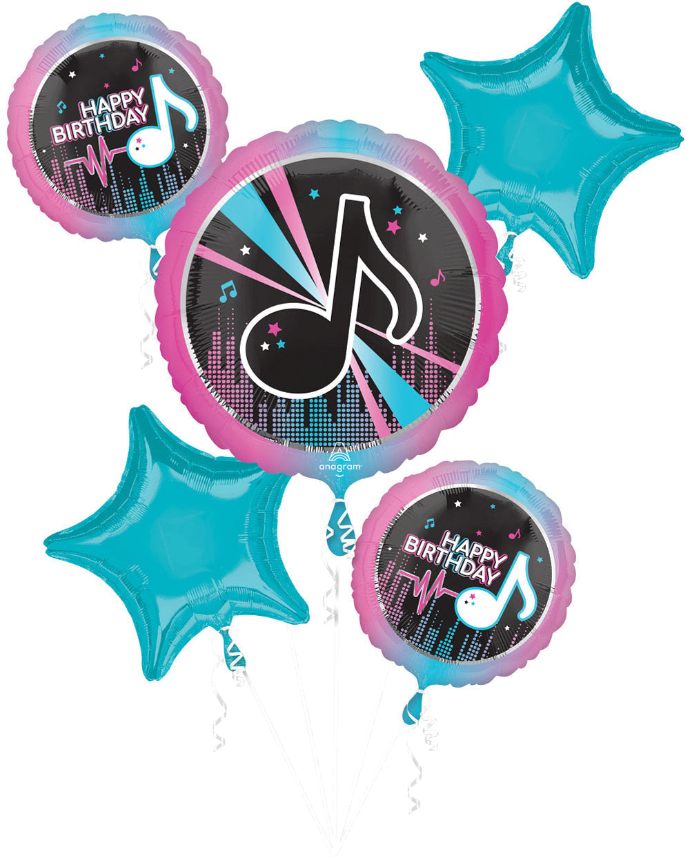Set of music-themed birthday balloons with star shapes on a white background