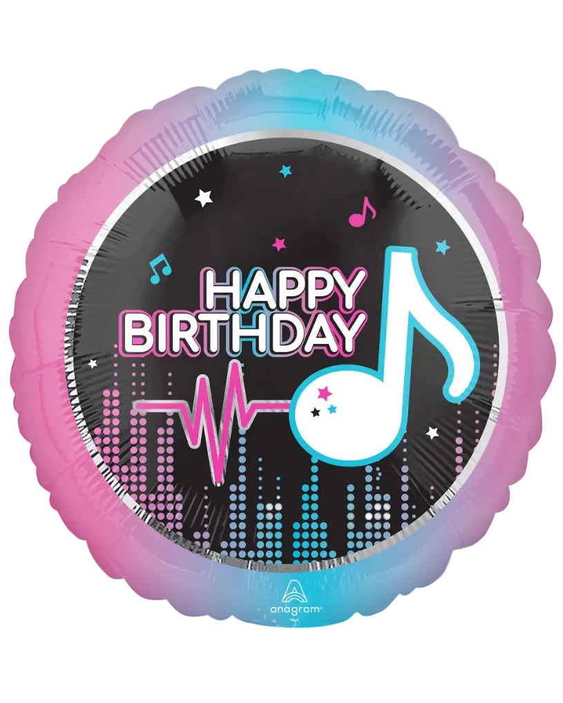 Decorative balloon with 'Happy Birthday' and musical notes on a black background