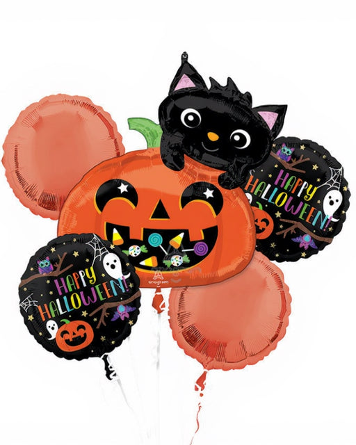 Halloween-themed balloons including a black cat on a pumpkin, orange balloons, and 'Happy Halloween!' text.