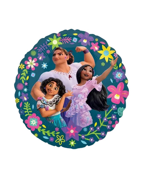 Circular design with three animated characters surrounded by colorful flowers on a blue background