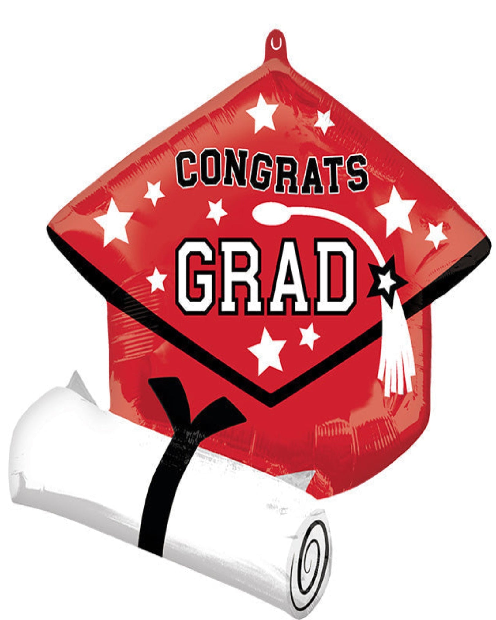 Red graduation cap with 'Congrats Grad' text and a diploma on a white background