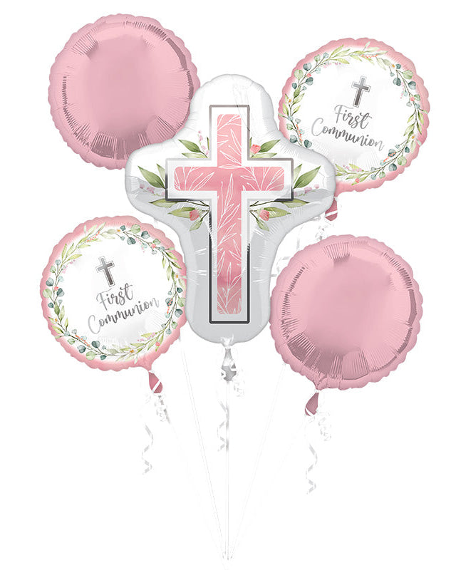 Balloon bouquet with cross design and 'First Communion' text on a white background