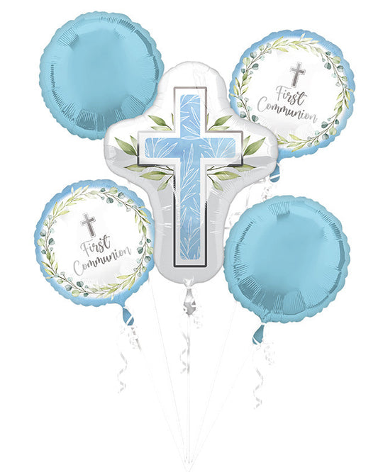 Balloon bouquet with cross design and 'First Communion' text on a white background