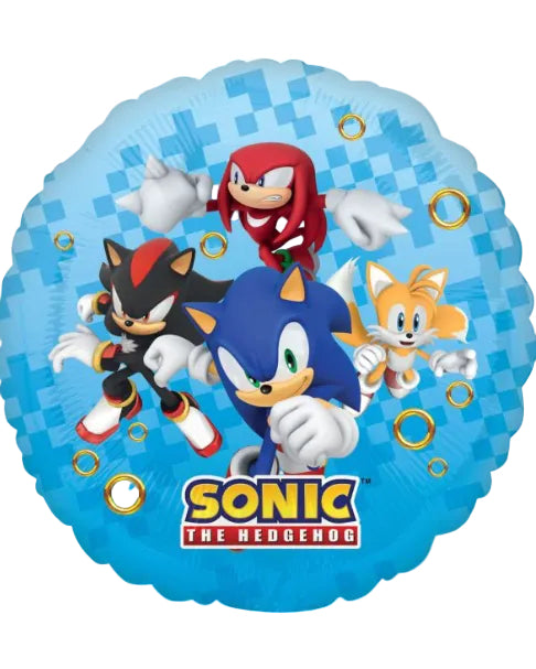 Sonic the Hedgehog balloon with characters on a blue checkered background