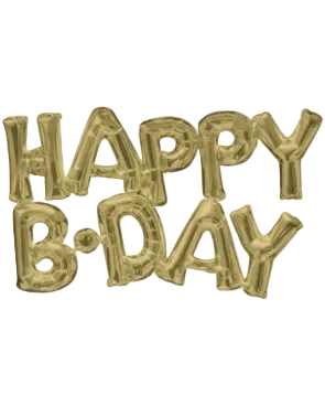 Gold 'Happy B-Day' balloon letters on a white background