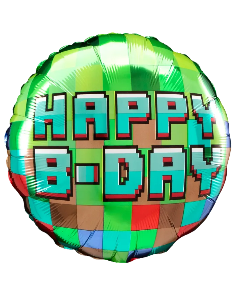 Pixelated 'Happy Birthday' balloon with a colorful pattern on a white background