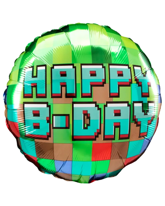 Pixelated 'Happy Birthday' balloon with a colorful pattern on a white background