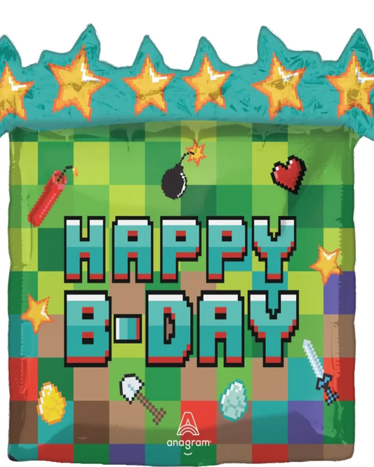 Colorful balloon with 'Happy B-Day' text and gaming-themed decorations on a white background