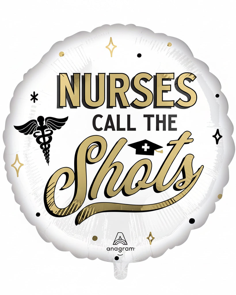 Balloon with 'Nurses Call the Shots' text and medical symbols on a white background