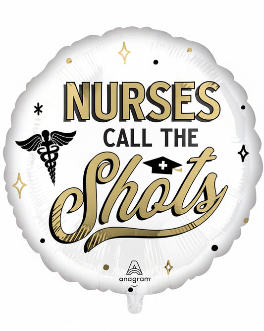 Balloon with 'Nurses Call the Shots' text and medical symbols on a white background
