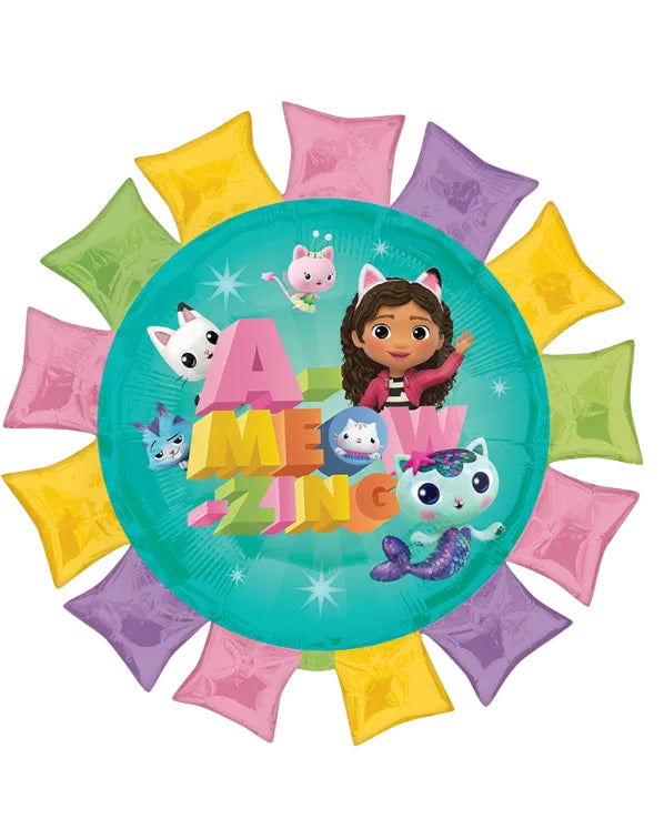 Decorative balloon with cartoon characters and 'A Mew-zing' text on a white background