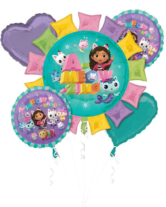 Colorful balloon bouquet featuring a character and 'AMEOW' text on a white background