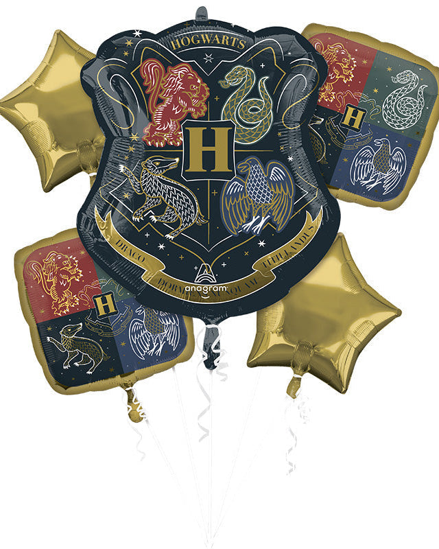 Harried Hogwarts crest balloon with gold stars on a white background