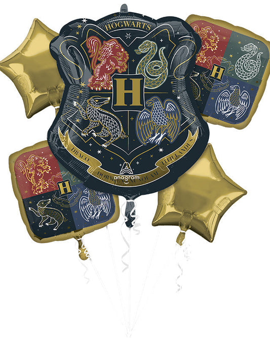 Harried Hogwarts crest balloon with gold stars on a white background