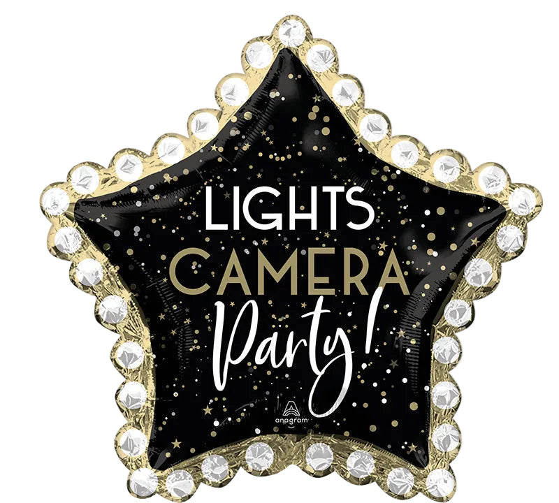 Star-shaped balloon with 'Lights Camera Party!' text on a black background