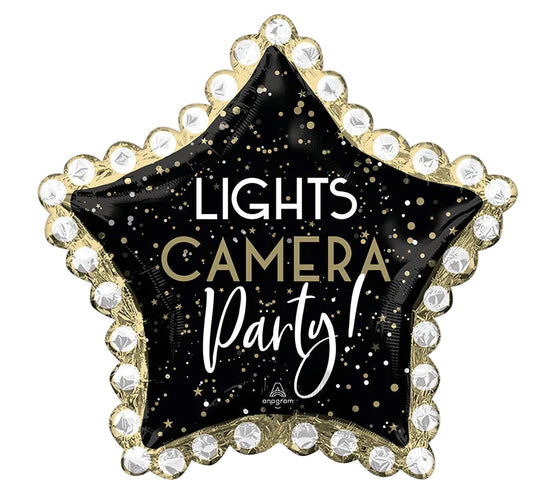 Star-shaped balloon with 'Lights Camera Party!' text on a black background