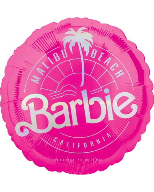 Pink Barbie balloon with 'Malibu Beach California' text and palm tree design.
