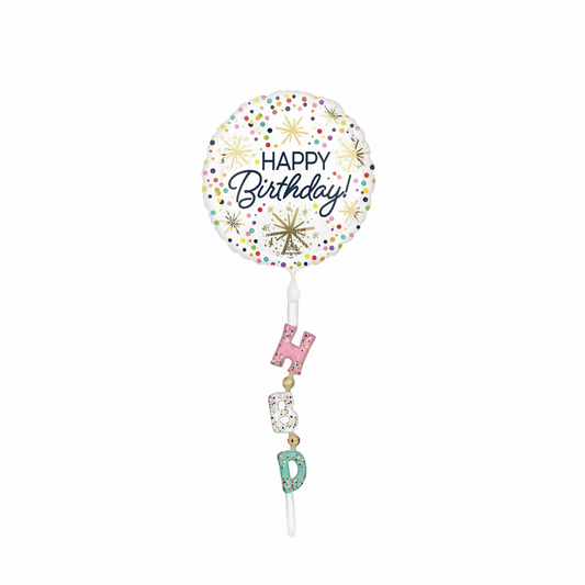 Decorative balloon with 'Happy Birthday!' text and colorful confetti on a white background