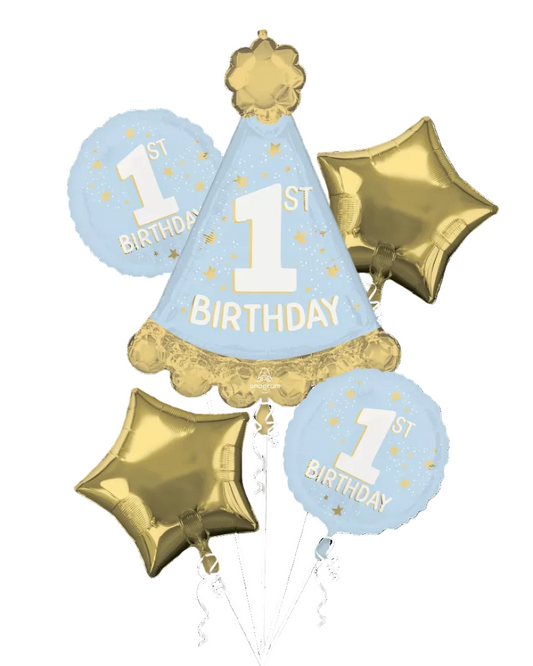Set of blue and gold balloons for a first birthday celebration on a white background