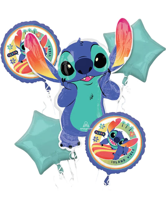 Stitch-themed balloons with colorful designs on a white background