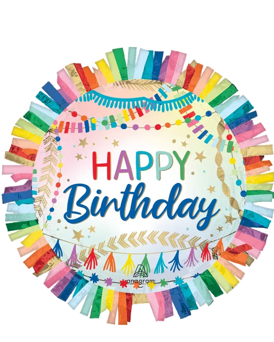 Colorful 'Happy Birthday' balloon with decorative ribbons on a white background
