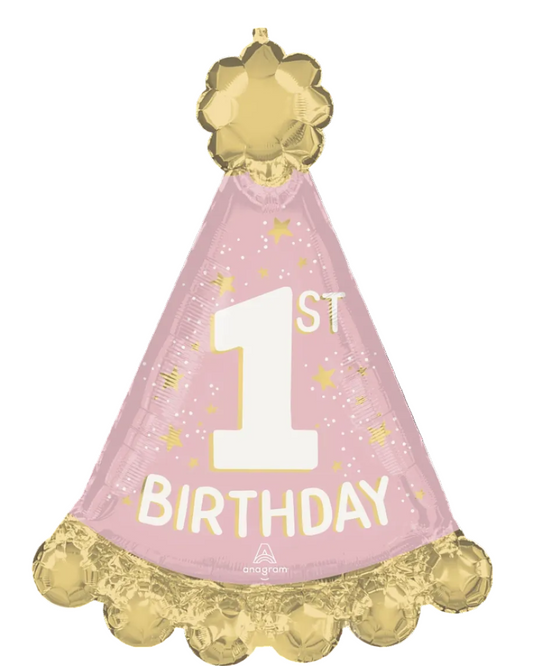 Pink birthday hat balloon with gold accents and '1st Birthday' text on a white background