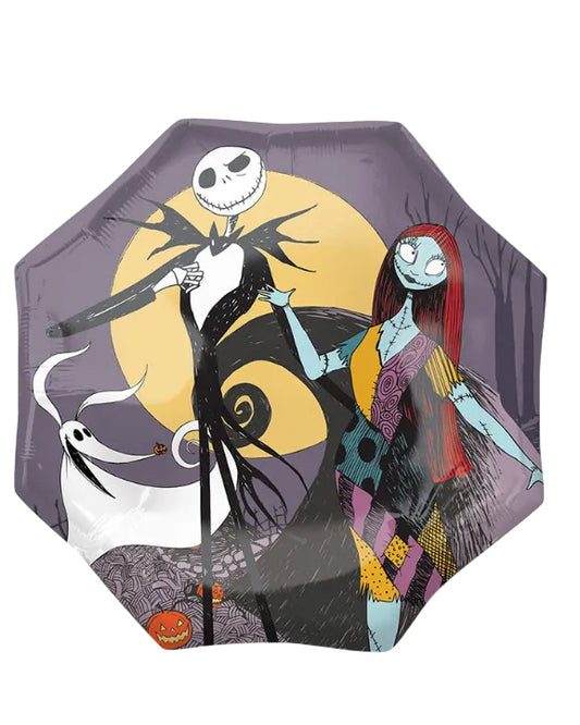 Umbrella with Jack Skellington and Sally design against a purple background