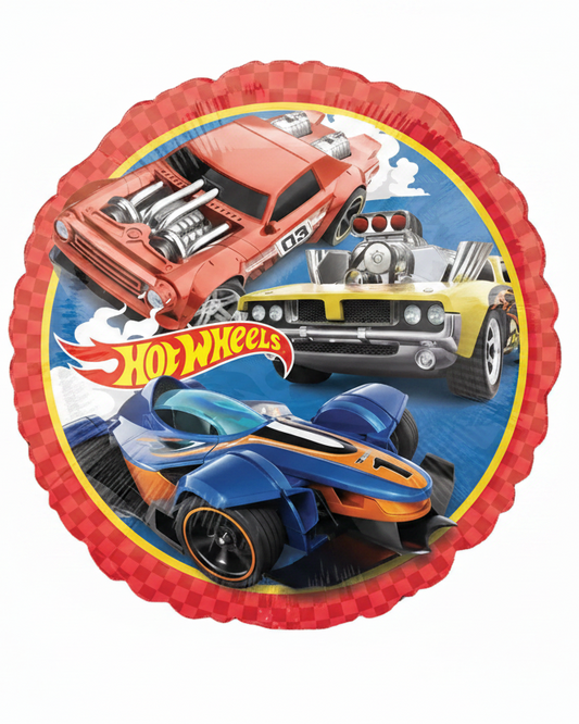 Hot Wheels balloon with three toy cars on a white background