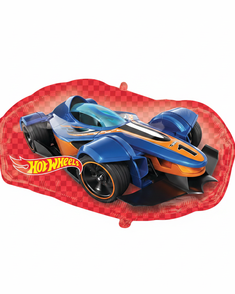 Blue toy race car on a red checkered background with Hot Wheels logo