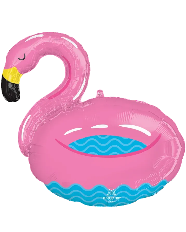 Pink flamingo-shaped inflatable pool float with blue water design on a white background