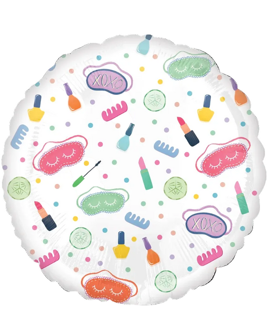 Decorative balloon with cosmetic-themed designs on a white background