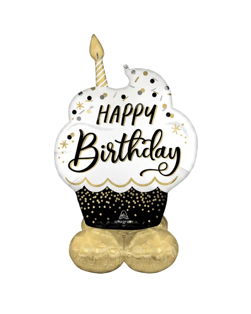 Balloon shaped like a birthday cake with 'Happy Birthday' text and a candle.