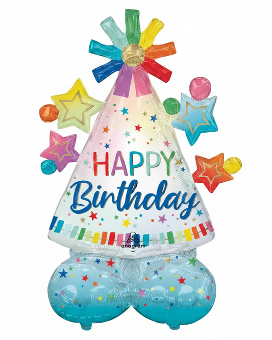Colorful 'Happy Birthday' hat balloon with stars and a visible Anagram logo.