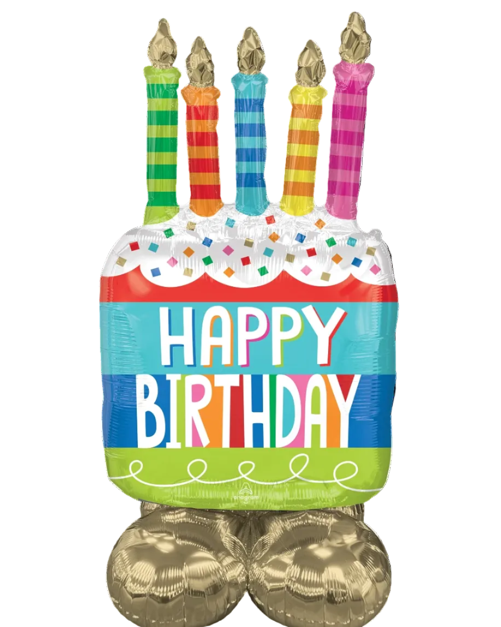 Colorful 'Happy Birthday' balloon with candles on a white background