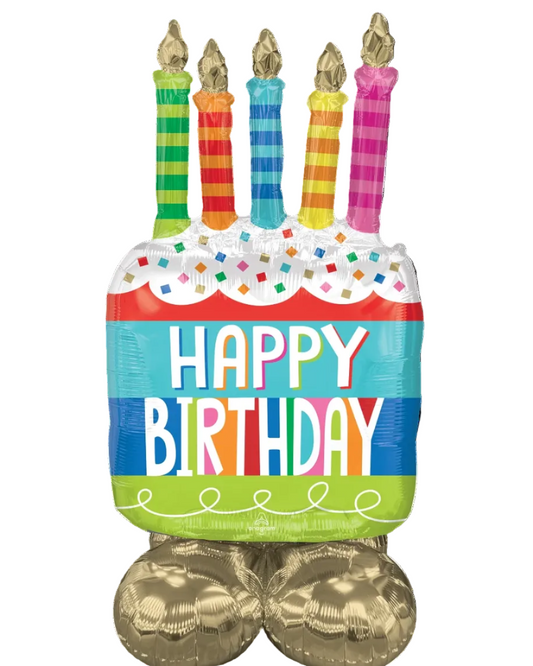 Colorful 'Happy Birthday' balloon with candles on a white background