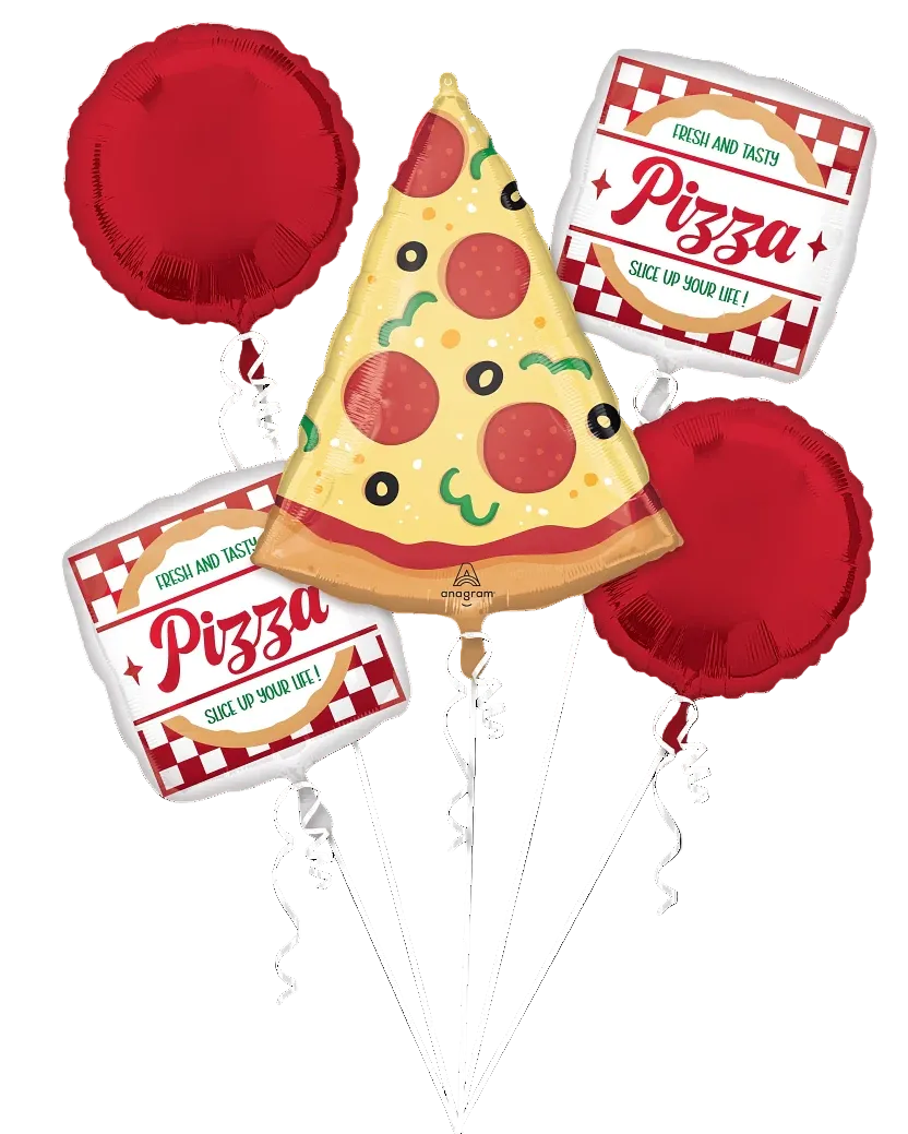Set of pizza-themed balloons including a slice, red circles, and rectangular cards on a white background.