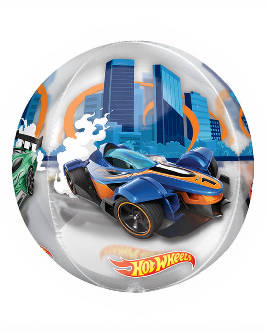 Hot Wheels toy car on a transparent background with cityscape and other cars.