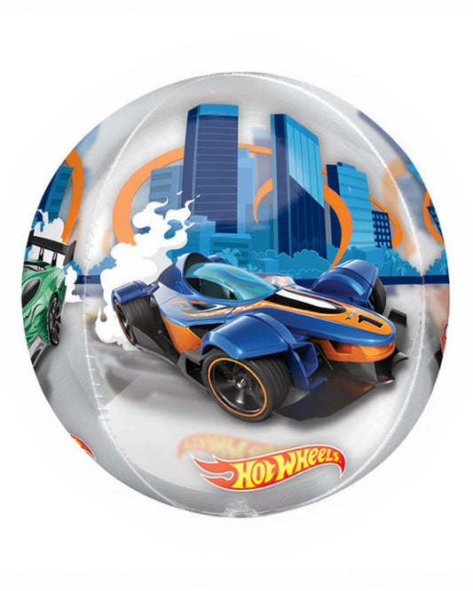 Hot Wheels toy car on a transparent background with cityscape and other cars.