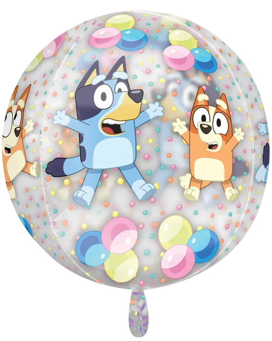 Transparent balloon with cartoon characters and colorful polka dots