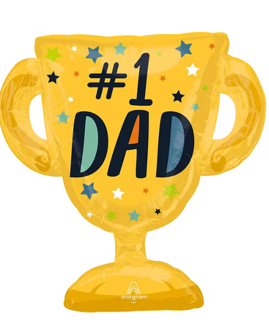 Yellow trophy-shaped balloon with '#1 DAD' text on a white background