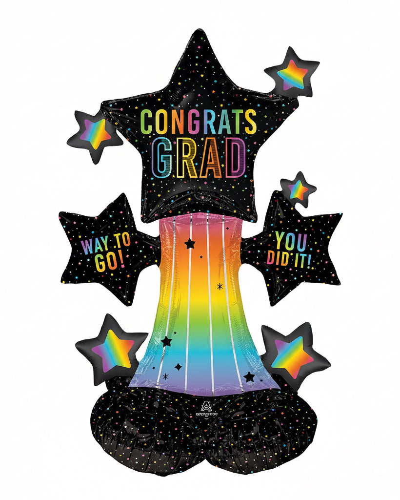 Graduation-themed balloon with colorful text and stars on a black background