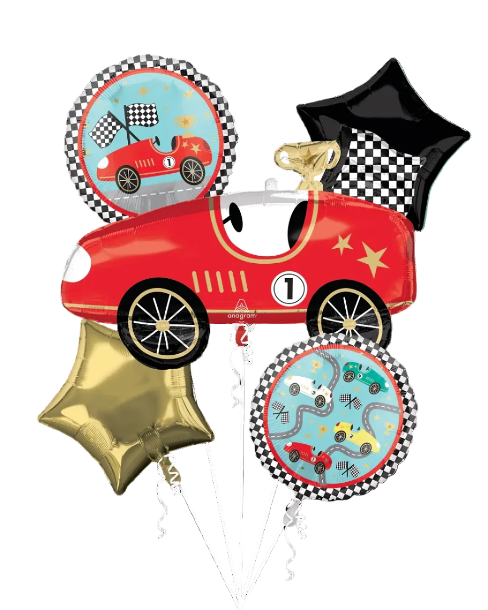 Red race car balloon with checkered patterns and stars on a white background