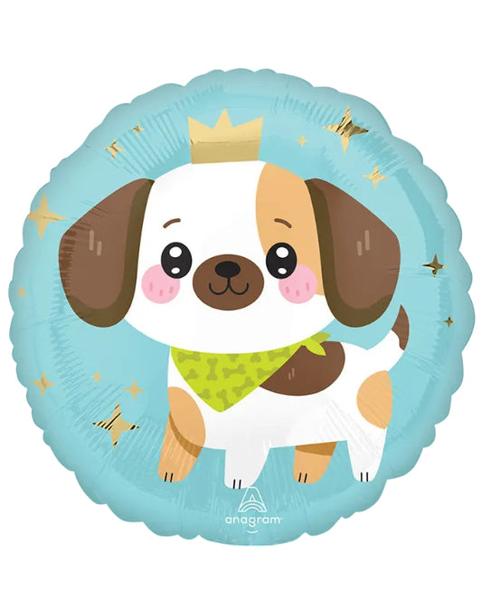 Balloon with a cartoon dog wearing a crown and green bandana on a blue background