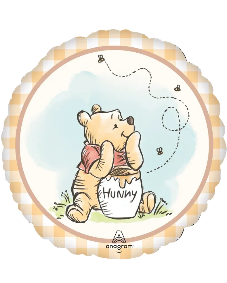 Balloon with Winnie the Pooh holding a honey pot and checkered border, featuring the Anagram brand.
