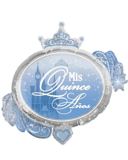Decorative balloon with 'Mis Quince Años' text and castle design on a white background