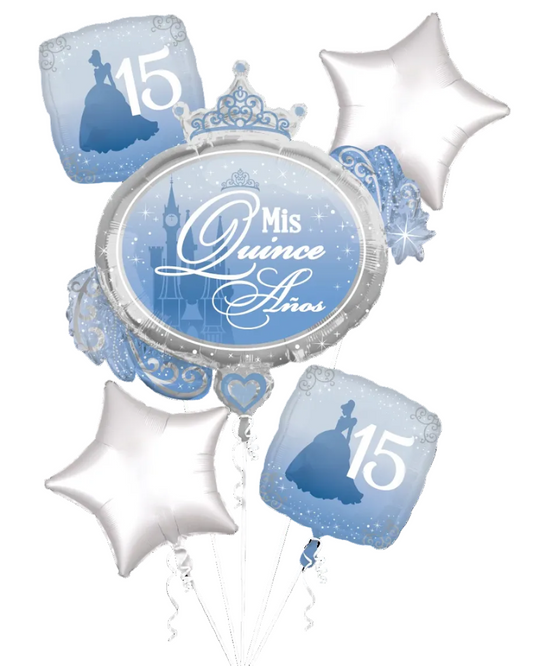 Decorative balloons with 'Mis Quince Años' text and Cinderella silhouette on a white background