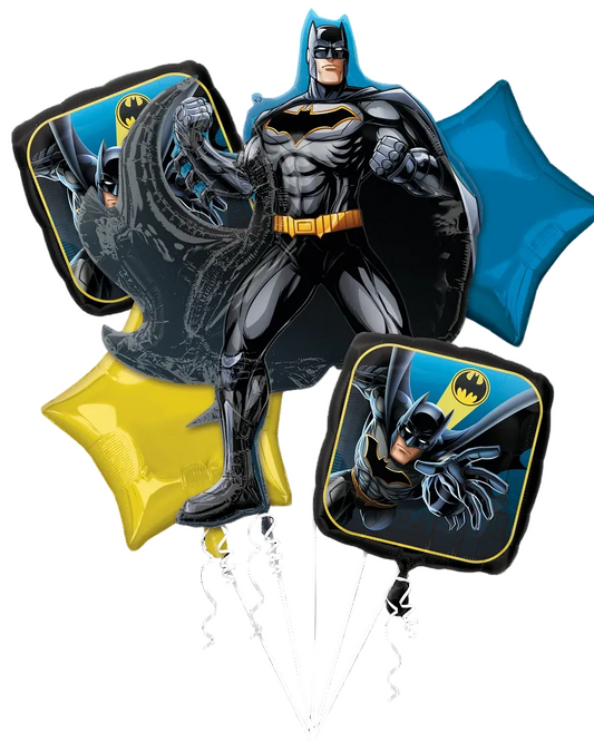 Batman-themed balloons with blue, yellow, and black colors on a white background