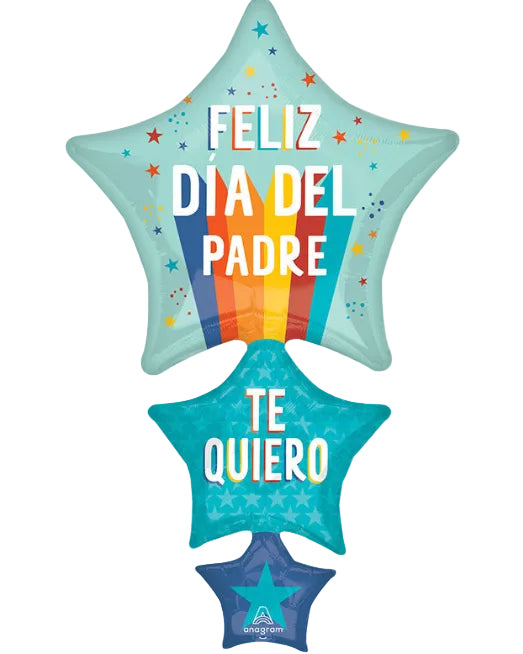 Colorful star-shaped balloon with Spanish text on a white background