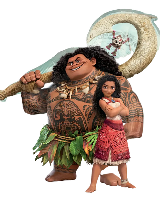 Cardboard cutout of Moana and Maui from Disney's Moana with a shell background